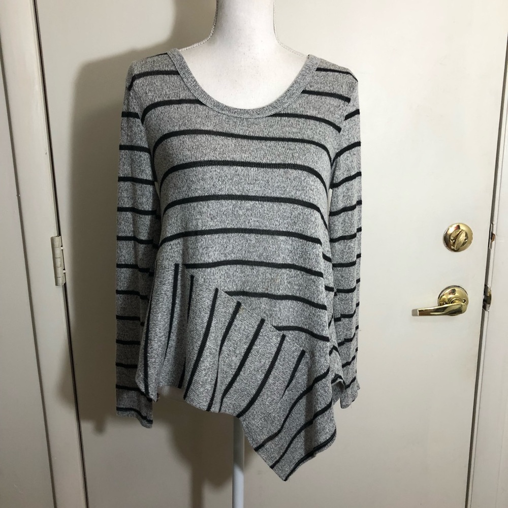 AYLA ASYMMETRICAL STRIPED PULLOVER SWEATER SIZE XS BLK/GRAY